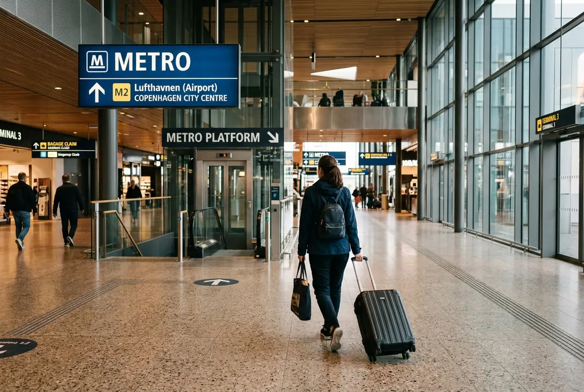 Viaggiatore con un trolley che cammina verso l'insegna della metropolitana di Copenaghen dentro il terminal dell'aeroporto, taxi aeroporto copenaghen centro