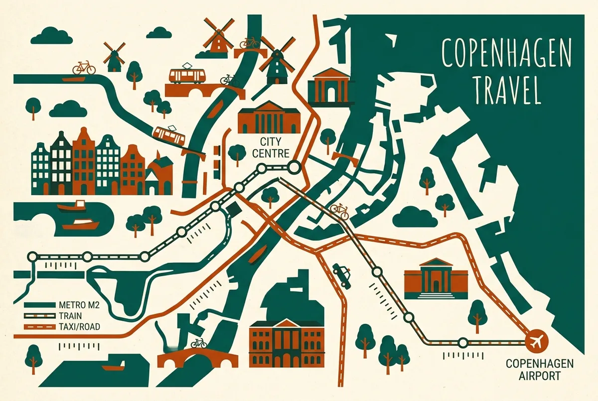 Infografica semplice a forma di mappa che mostra l'aeroporto di Copenaghen collegato al centro città dalla linea metro M2, dal treno e dal percorso taxi con etichette generiche di distanza