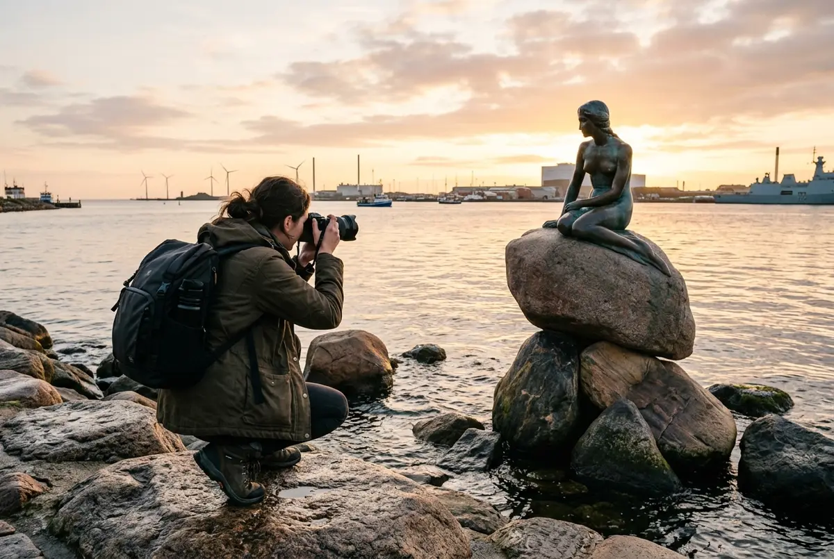 Viaggiatore solitario che fotografa la sirenetta di Copenaghen da solo sulle rocce del porto all'alba con luce dorata morbida e nessuna folla intorno, foto sirenetta copenaghen