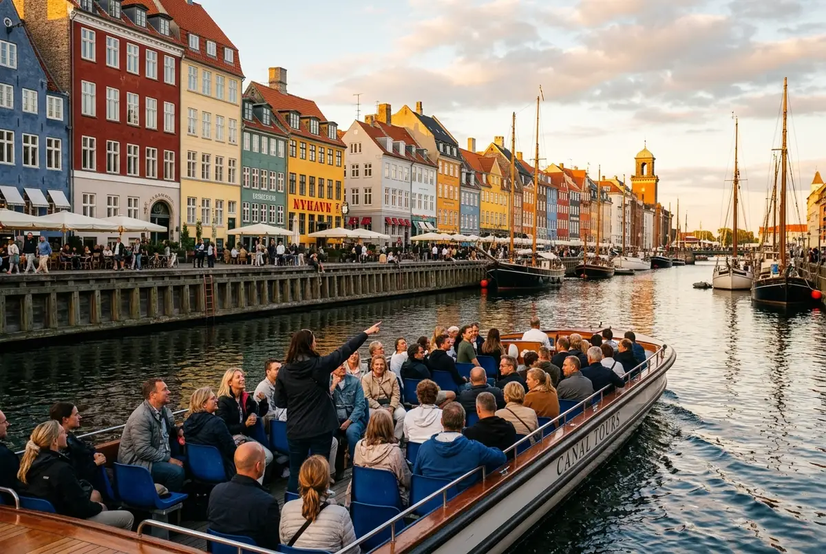 Vollbesetztes Ausflugsboot gleitet bei goldenem Abendlicht an den bunten Giebelhäusern von Nyhavn in Kopenhagen vorbei, bootstour kopenhagen