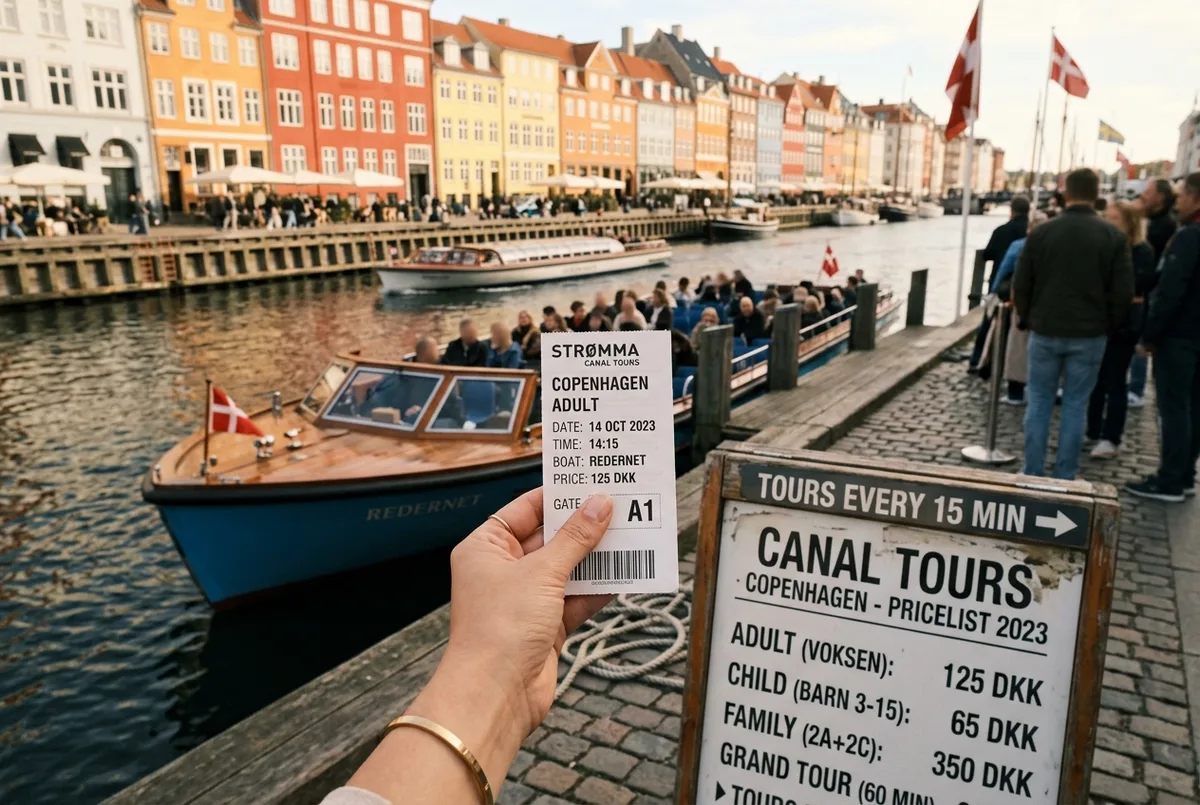 Close-up van een hand die een ticket voor een boottocht vasthoudt met een rondvaartboot en de skyline van Kopenhagen op de achtergrond, boottocht kopenhagen prijs