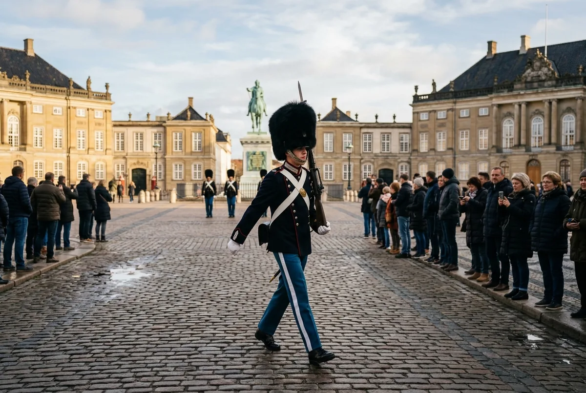Dänische Königsgarde in traditioneller Uniform mit Bärenfellmütze marschiert bei der Wachablösung über den Amalienborg Platz in Kopenhagen, kopenhagen wachablösung