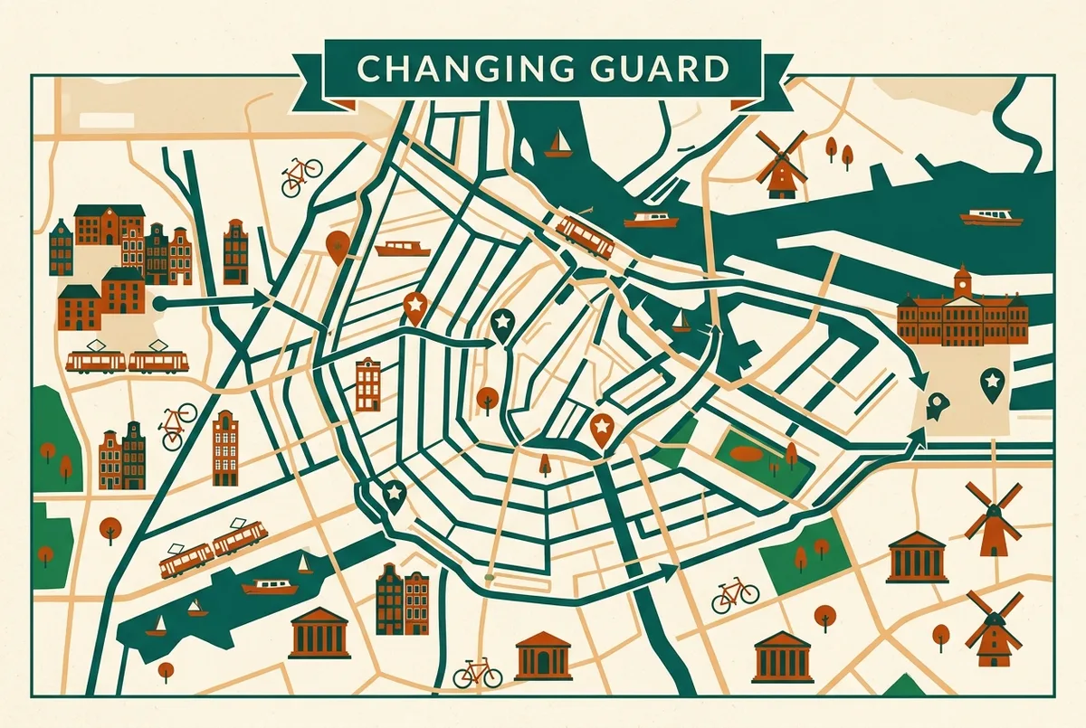 Einfache Infografik-Karte der Marschroute der dänischen Königsgarde von der Kaserne zum Amalienborg Platz mit markierten Beobachtungspunkten
