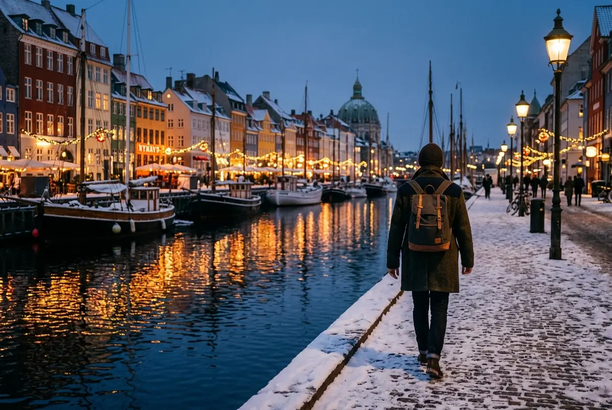 Viaggiatore infreddolito con sciarpa e cappotto pesante che cammina lungo il porto ghiacciato di copenaghen inverno con luci calde accese negli edifici