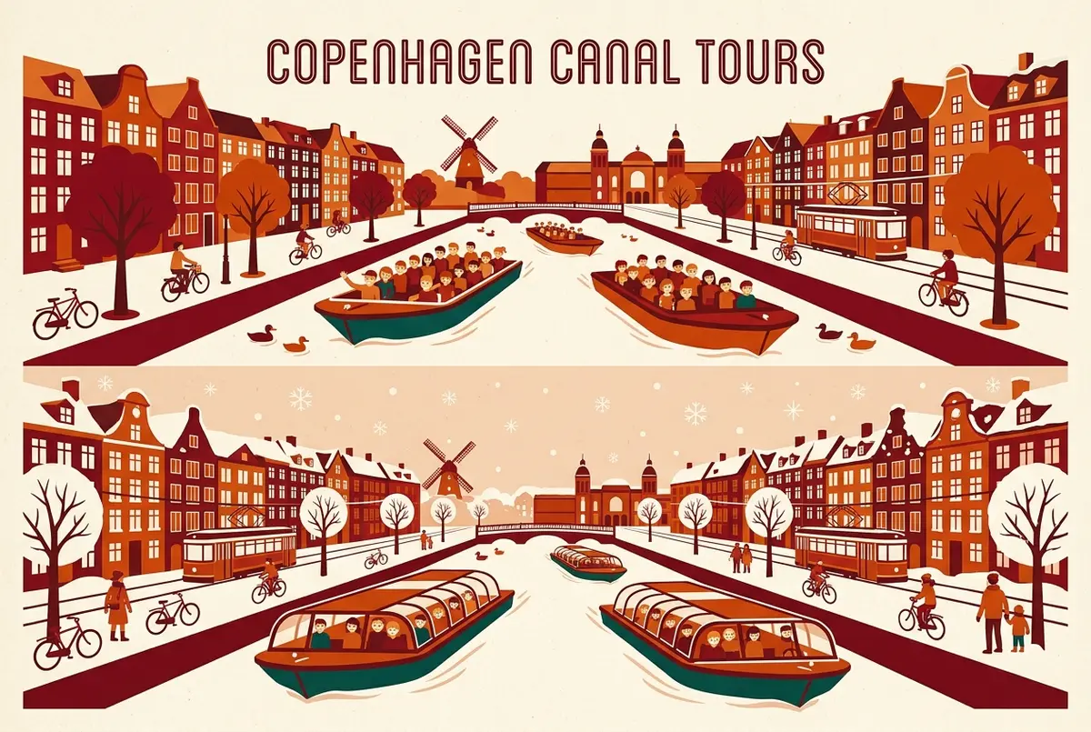 Mappa illustrata delle principali attrazioni al coperto di copenaghen inverno con icone per musei, caffetterie e mercatini natalizi