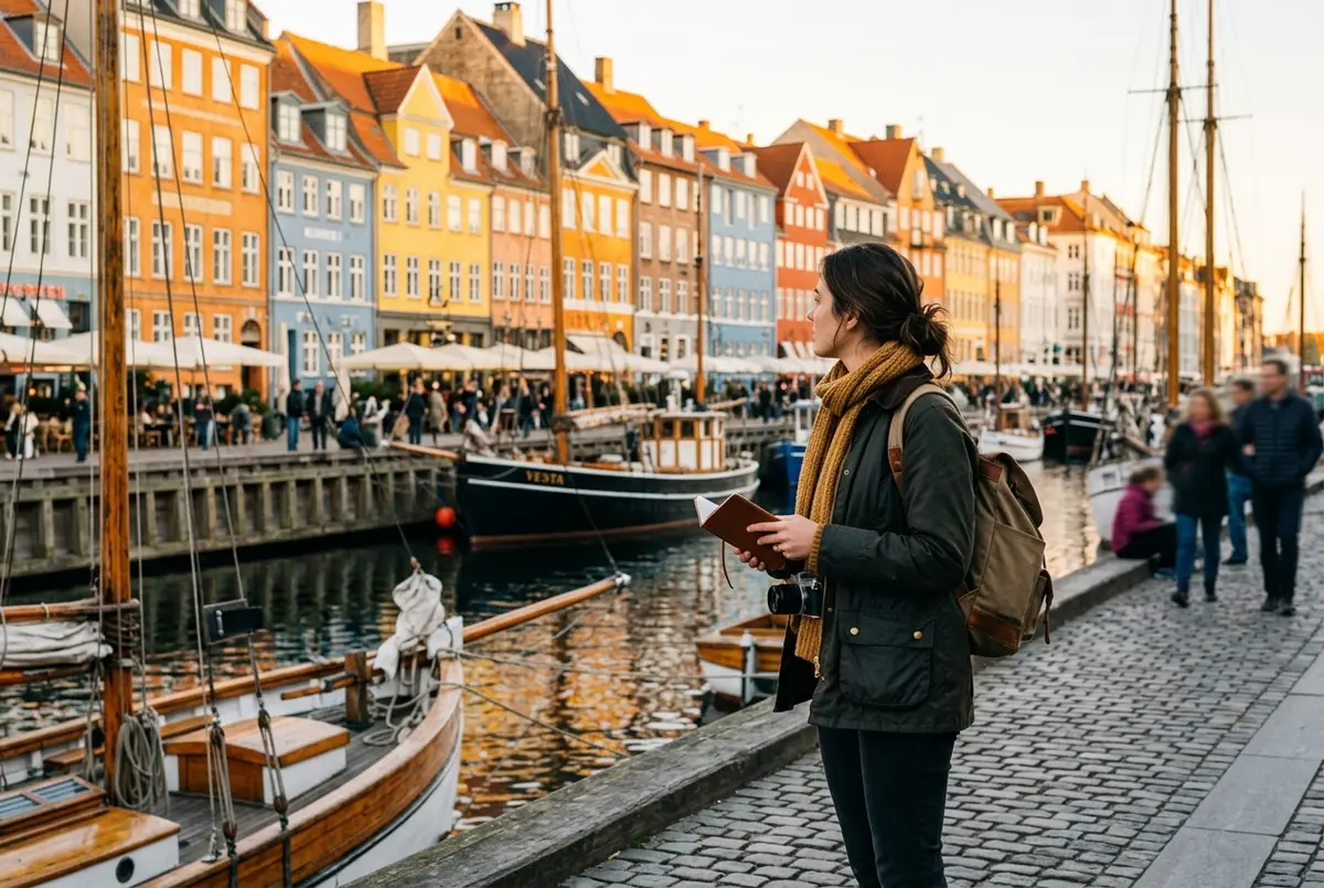 Viaggiatore con mappa in mano davanti alle case colorate di Nyhavn durante un giorno a copenaghen itinerario, luce dorata di prima mattina