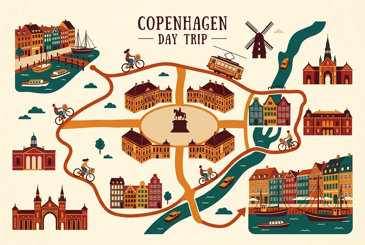Mappa illustrata dell'itinerario di un giorno a Copenaghen che mostra il percorso a piedi tra porto, Amalienborg e Nyhavn con icone per ogni tappa
