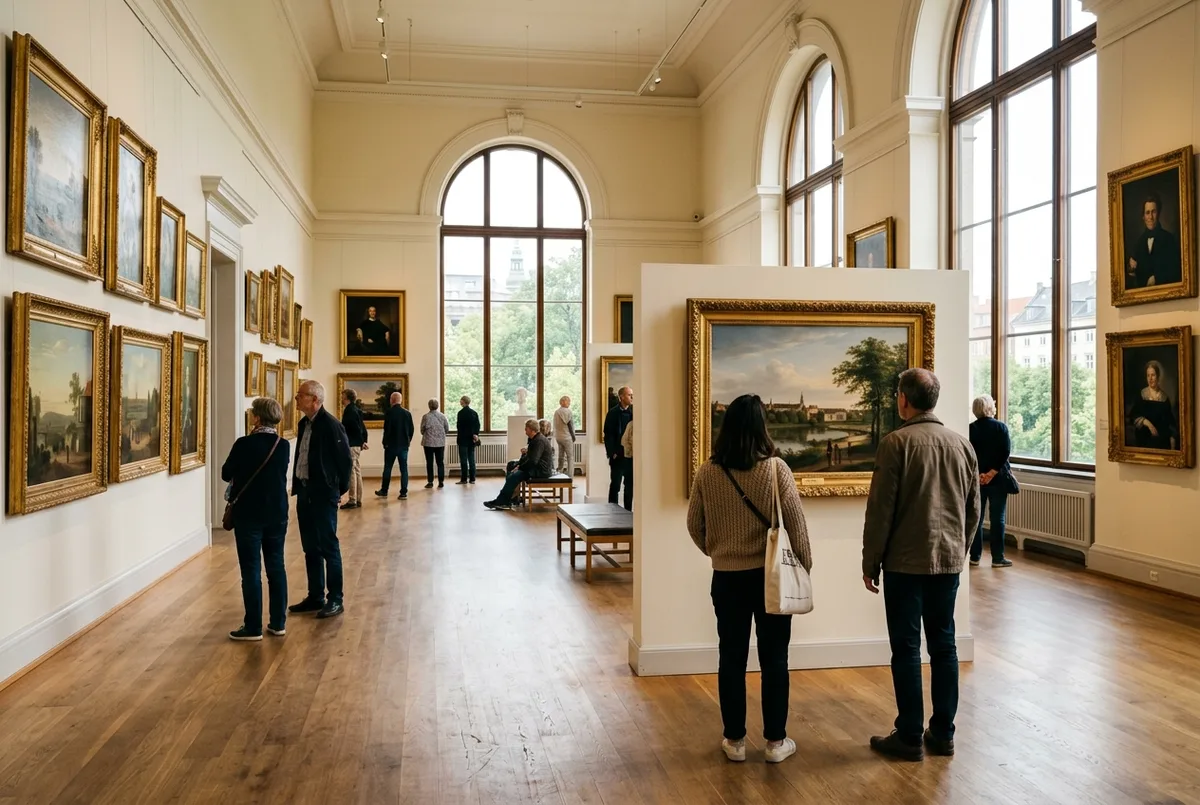 Ljust museigalleri i Köpenhamn med besökare som betraktar dansk designmöbler under stora fönster med naturligt ljus, museer i köpenhamn