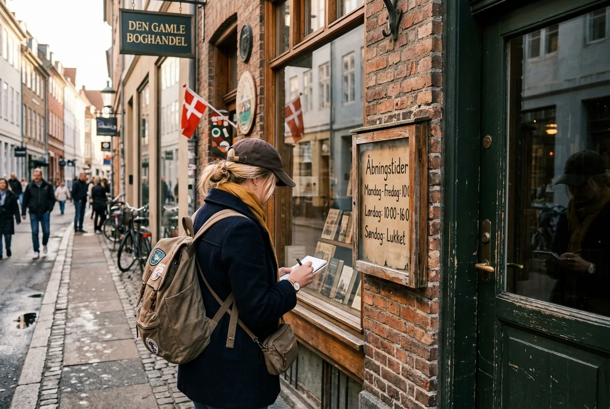 Bezoekers die door een winkelstraat in het centrum van Kopenhagen lopen op een zonnige dag met winkelpuien op de achtergrond, openingstijden kopenhagen