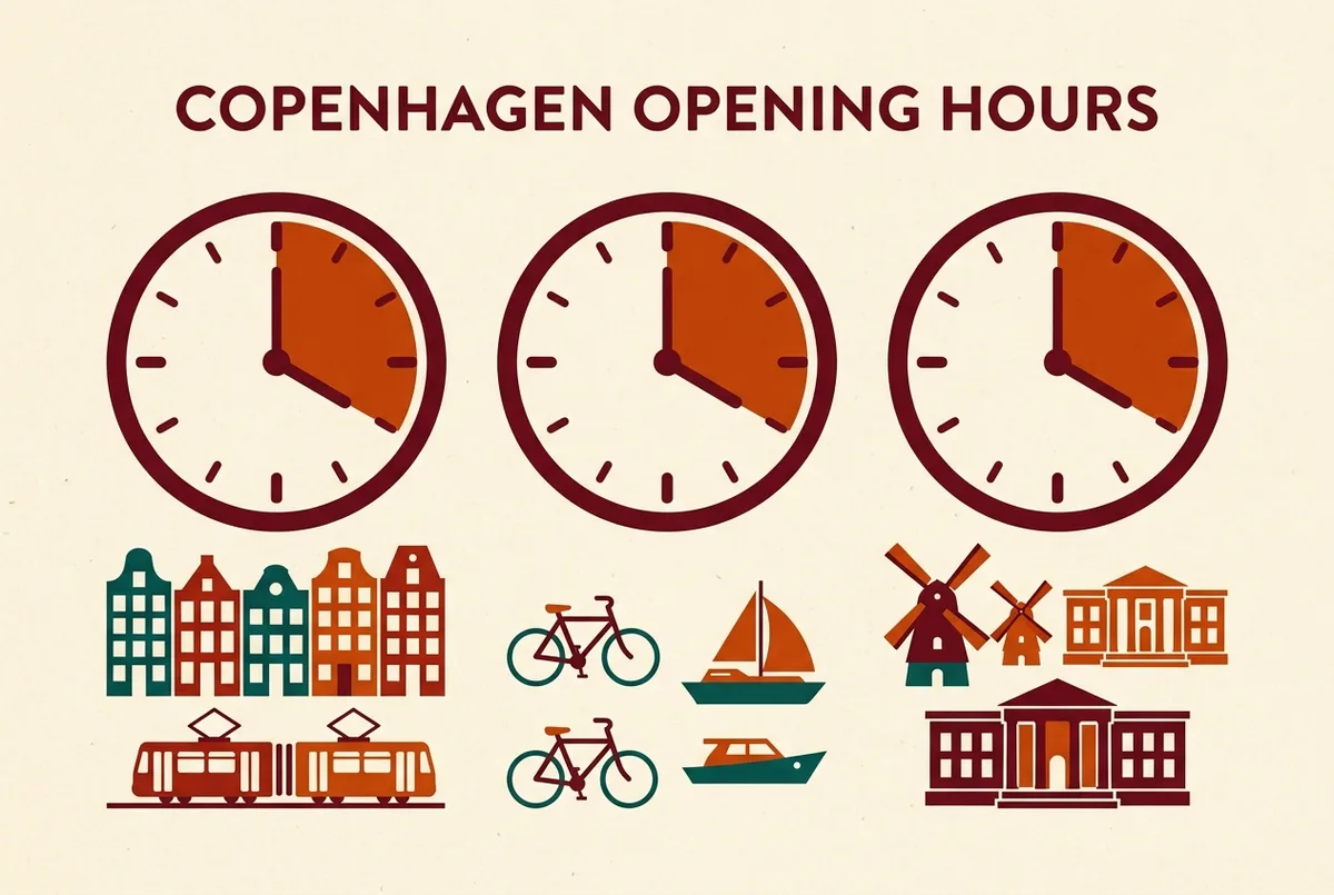 Overzichtstabel met typische openingstijden voor winkels, Tivoli en musea in Kopenhagen per dag van de week, gelabeld met algemene tijdvakken