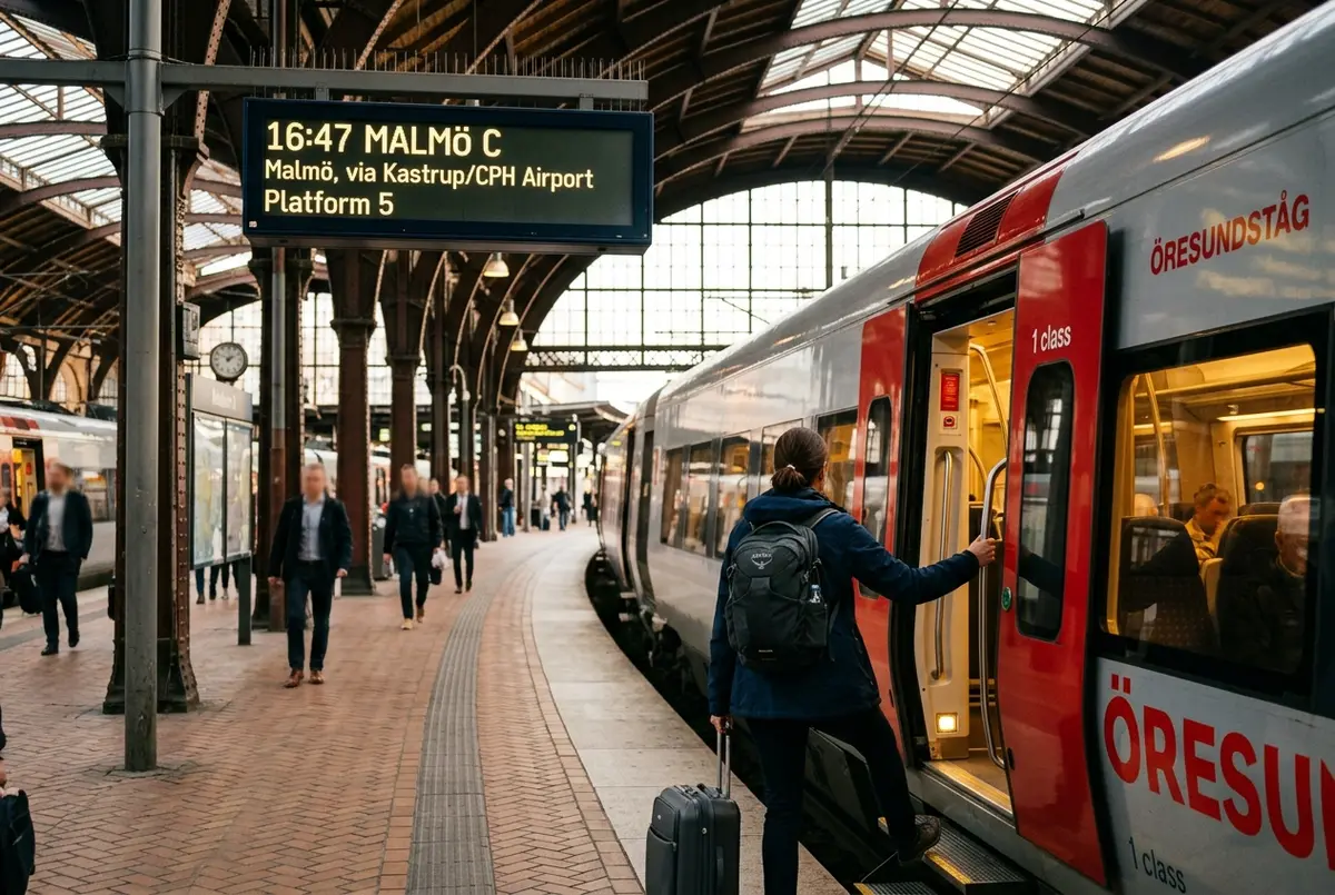 Viaggiatore che sale su un treno Öresundståg alla stazione centrale di Copenaghen con il tabellone delle partenze che mostra Malmö, traghetto copenaghen malmo