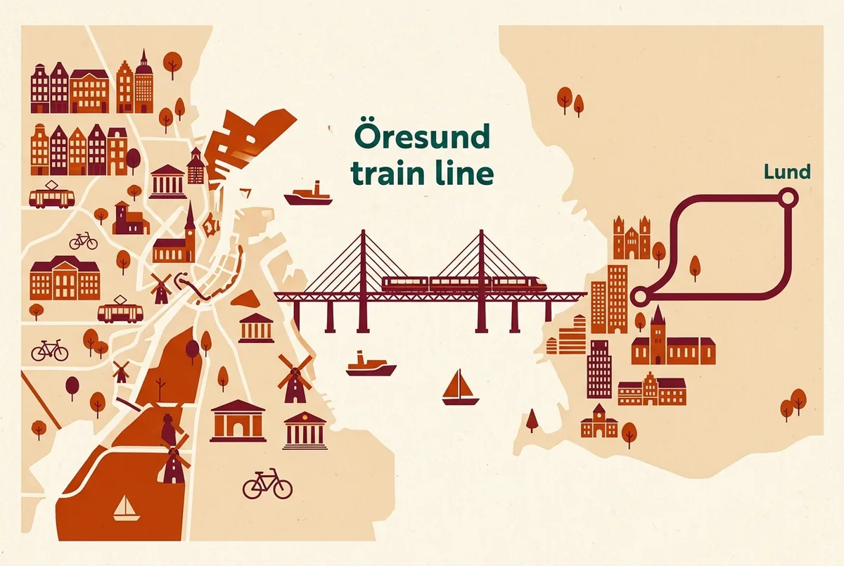 Mappa semplice del percorso che mostra la linea del treno Öresund che attraversa il ponte tra Copenaghen e Malmö, con Lund segnata più avanti sulla linea