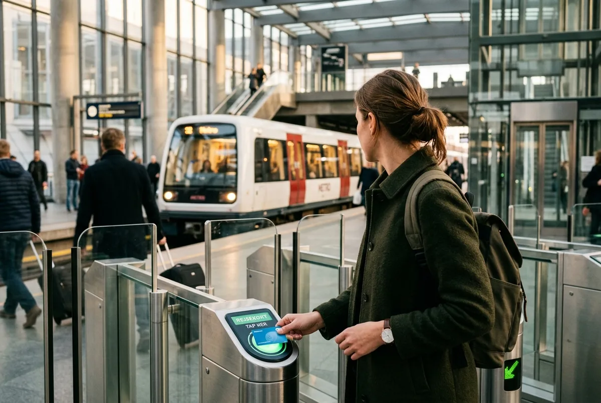 Viaggiatore che convalida una Rejsekort a un tornello della metropolitana di Copenaghen con un treno in arrivo sullo sfondo, mezzi pubblici a copenaghen