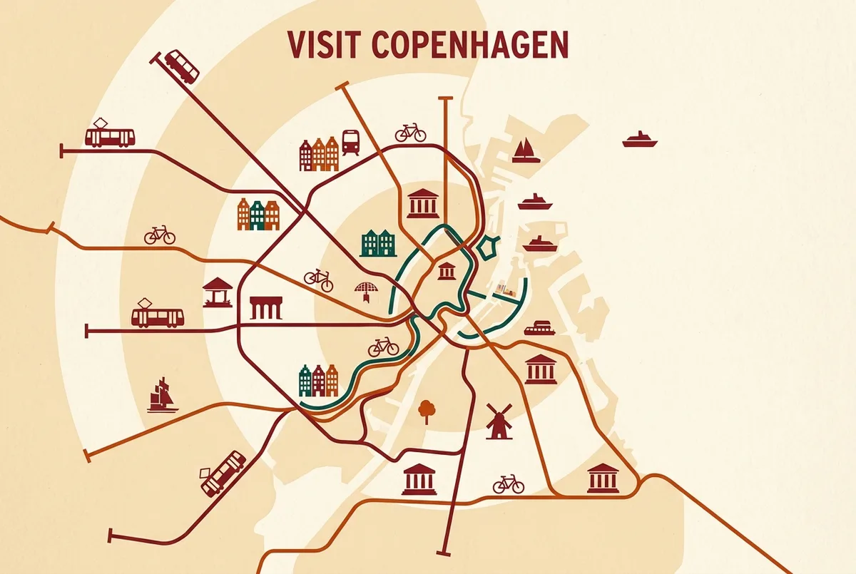 Infografica semplice a forma di mappa che mostra gli anelli a zone del sistema di trasporto di Copenaghen con le linee di metro, S-tog e autobus del porto che si irradiano dal centro città