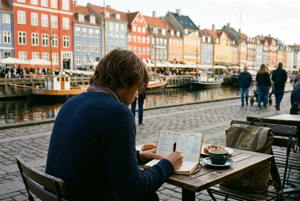 Viaggiatore che controlla il portafoglio e una mappa a un tavolino di caffè nel centro di Copenaghen, costo di una giornata a copenaghen