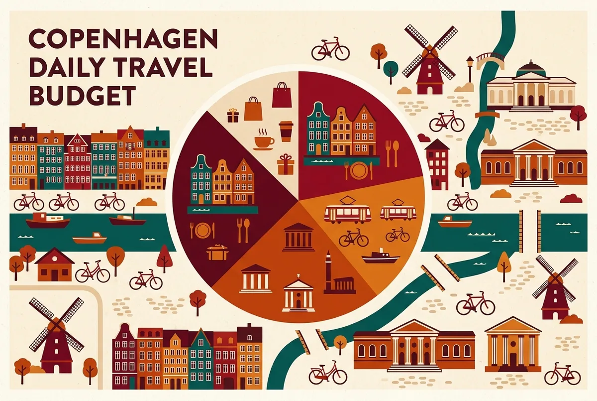 Infografica che mostra la ripartizione tipica del budget giornaliero a Copenaghen tra trasporti, pasti, attrazioni ed etichette generiche per ogni voce di spesa