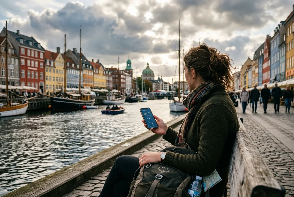 Voyageur consultant la météo à Copenhague sur son téléphone assis sur un banc du port avec des nuages changeants au-dessus de l'eau