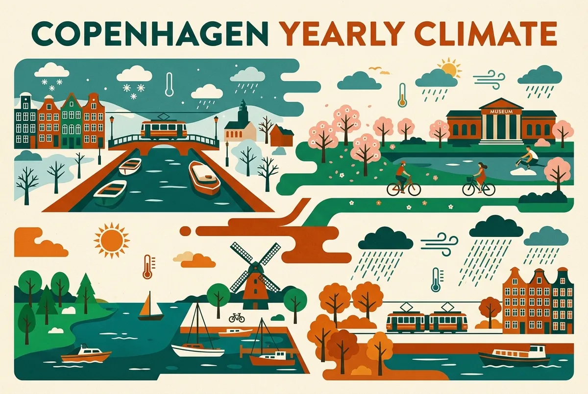 Infographie simple du climat montrant l'écart typique de température et de pluie à Copenhague selon les quatre saisons