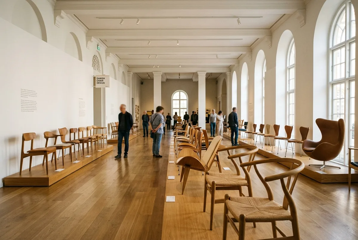 Salle d'exposition epuree du musee du design de Copenhague avec des chaises scandinaves iconiques alignees sous une lumiere naturelle douce