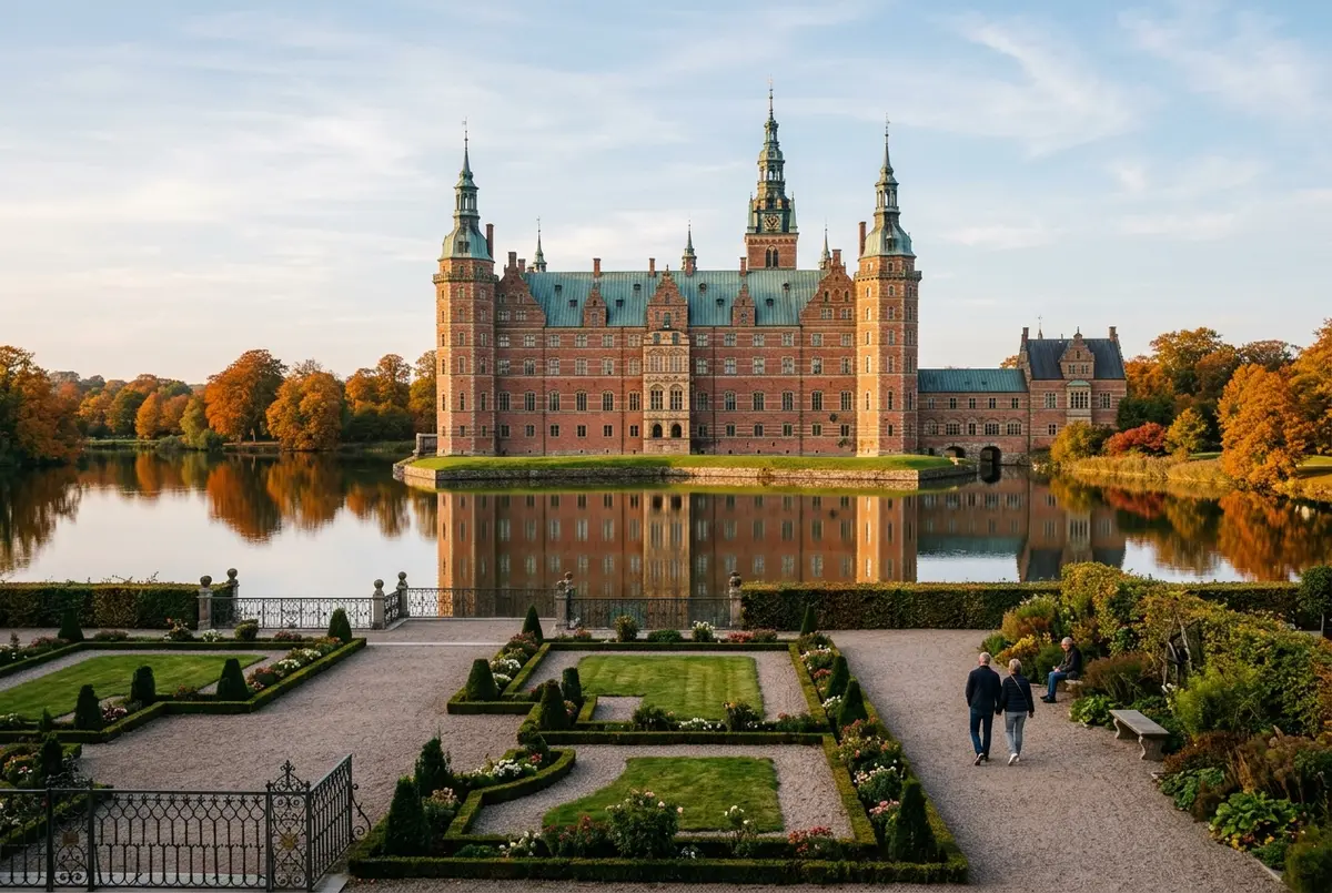 Fredensborg slot facade set fra den runde forgård i blødt sommerlys, kongelig vagt foran indgangen, fredensborg slot udsigt over gårdspladsen