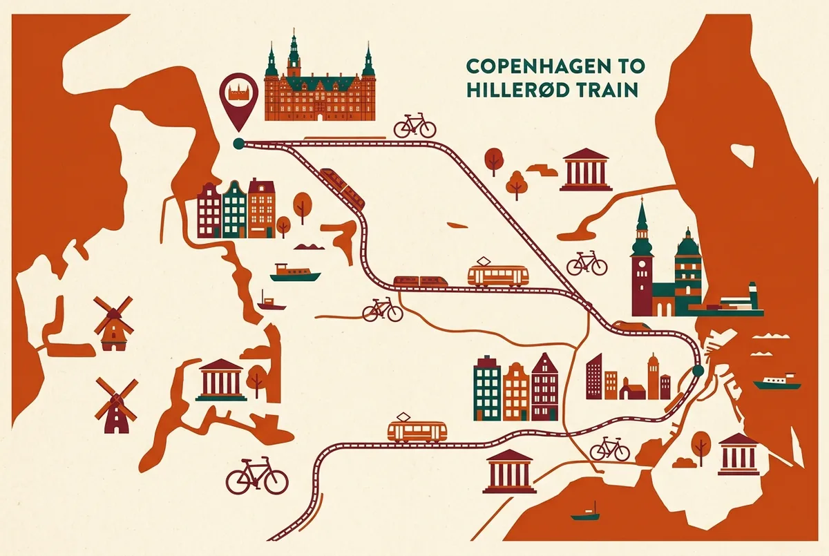 Kort over fredensborg slot og den omkringliggende slotshave med markeringer ved hovedindgang, orangeriet og esrum sø, flad infografikstil, generiske stednavne