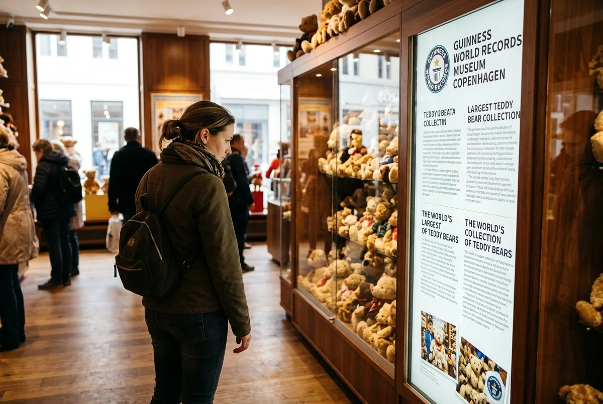 Familia con niños observando una exhibición interactiva de récords mundiales en el Museo Guinness de Copenhague en la calle peatonal Strøget