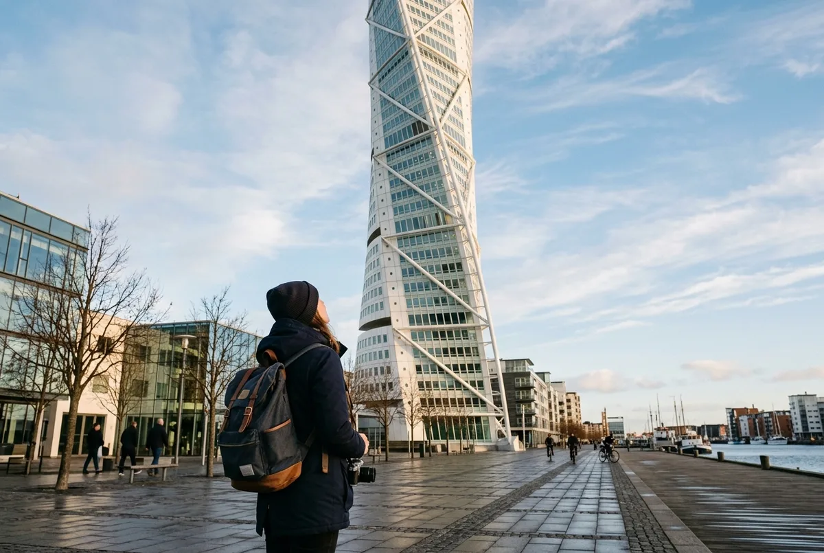 Viaggiatore che guarda in alto la torre a spirale Turning Torso sul lungomare di Malmö in un pomeriggio limpido, vale la pena visitare malmo