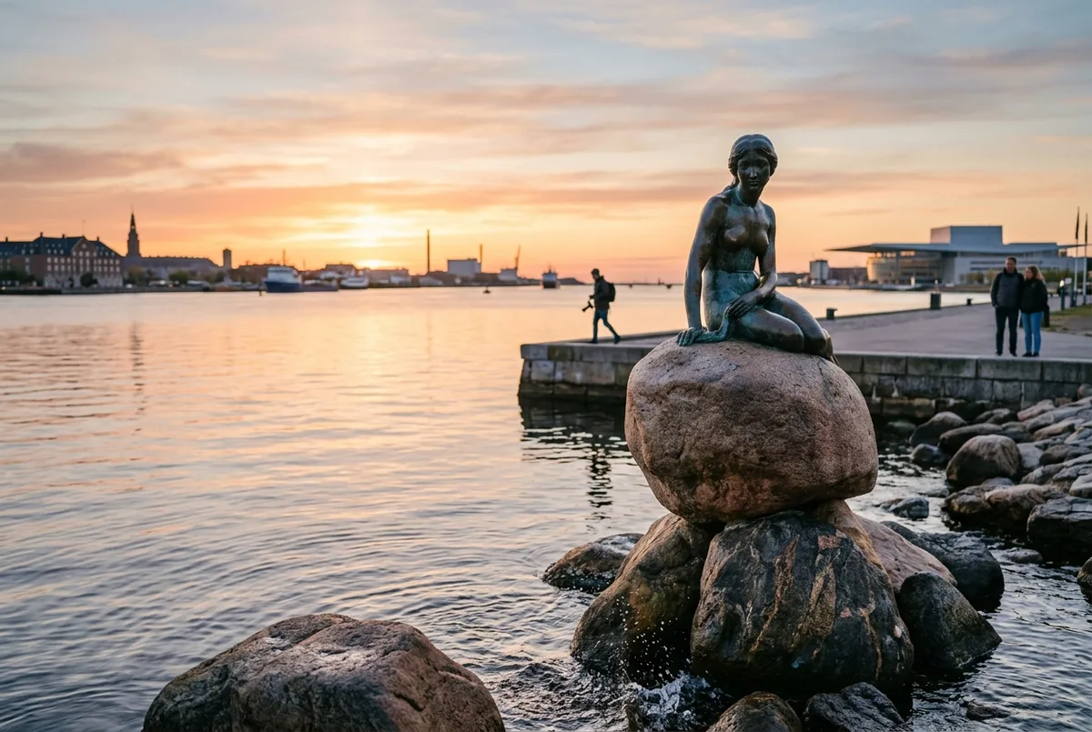 Liten bronsstaty av en sjöjungfru som sitter på hamnklippor vid Langelinie i Köpenhamn i gryningsljus, lilla sjöjungfrun köpenhamn