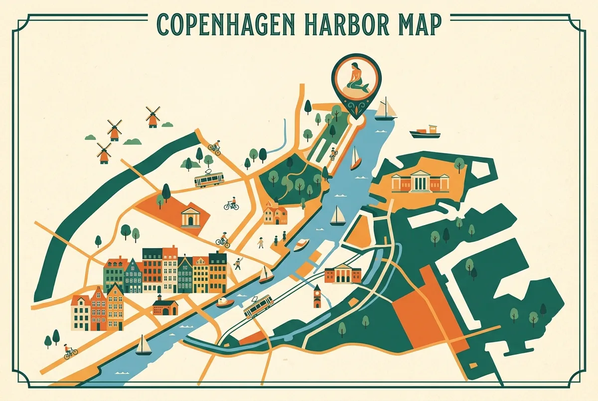 Enkel kartillustration över hamnpromenaden från Nyhavn till Langelinie med en markerad nål vid Lilla Sjöjungfrun-statyns plats