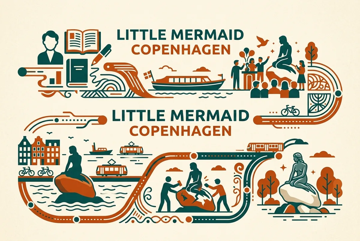 Illustrazione in stile infografico che mostra una linea del tempo della sirenetta di Copenaghen dal 1913 a oggi con icone per inaugurazione, restauro e visita in battello