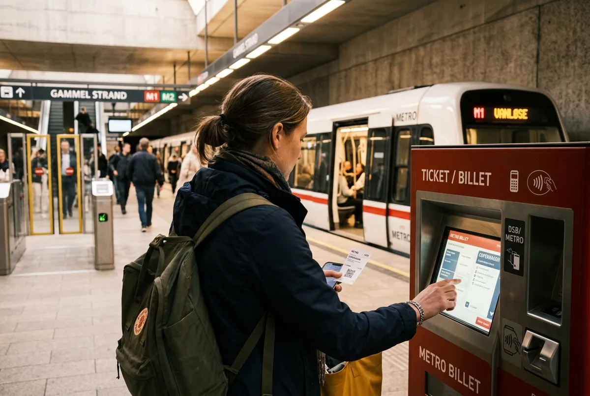 Rame de métro copenhague prix moderne entrant en gare avec quai lumineux et voyageurs attendant