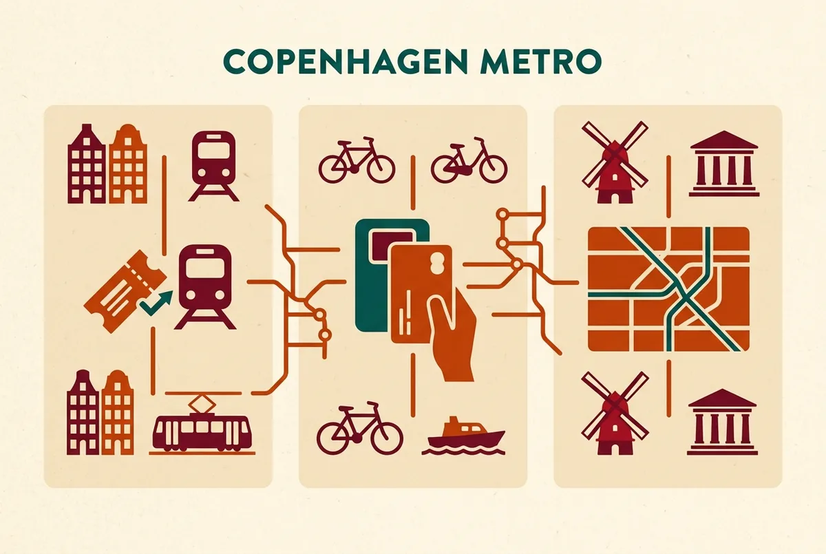 Infographie simple du plan du métro de Copenhague avec les quatre lignes colorées et les stations principales du centre-ville