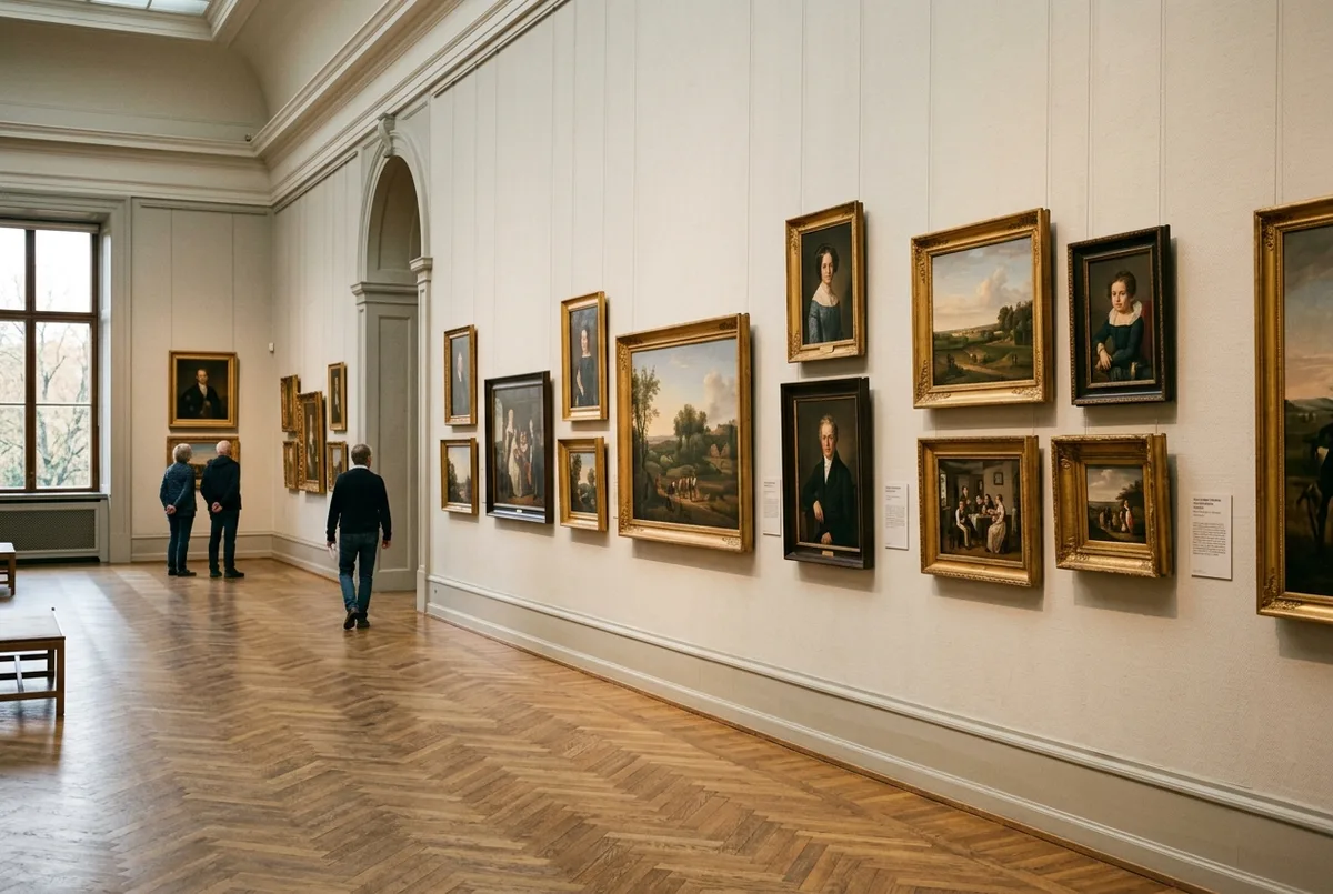 Visitatore che ammira un dipinto dell eta dell oro danese nella galleria nazionale copenaghen con luce naturale che entra dalle grandi finestre del museo