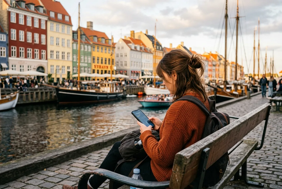 Gezgin Nyhavn'ın renkli evleri arka planda görünürken liman kenarındaki bir bankta telefonundan Kopenhag hava durumu 15 günlük tahminini kontrol ediyor