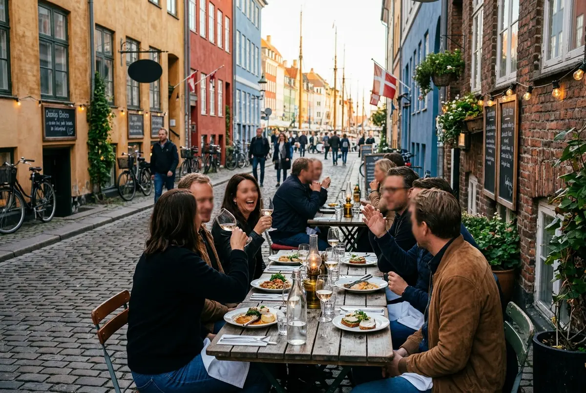 Tavoli all'aperto di un ristorante lungo il canale di Nyhavn con le case colorate sullo sfondo, dove mangiare vicino a nyhavn