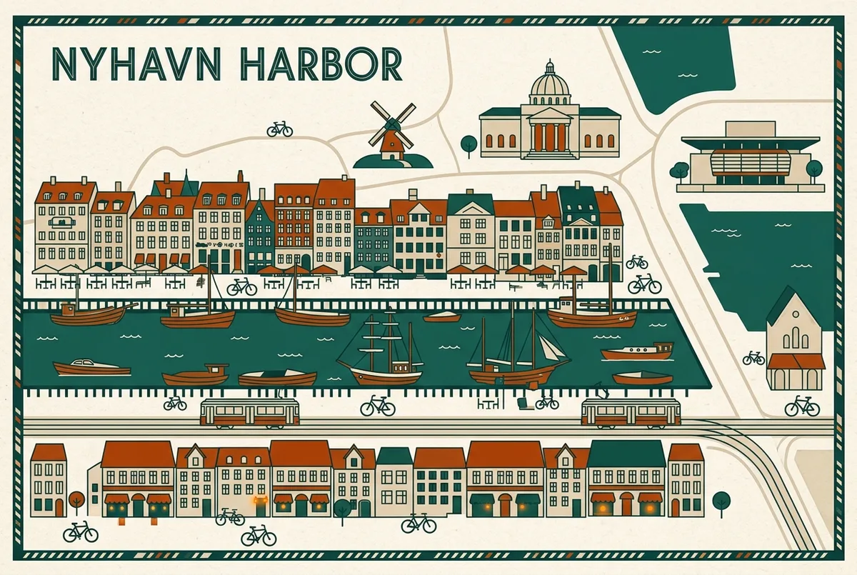 Mappa illustrata del quartiere di Nyhavn a Copenaghen con icone che segnano ristoranti economici e ristoranti con vista canale lungo il porto