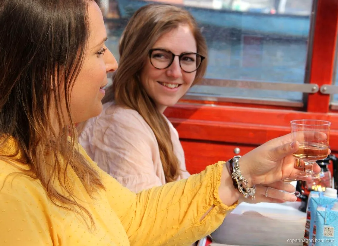 Gruppo che beve durante la crociera sui canali di Copenaghen con drink su barca coperta