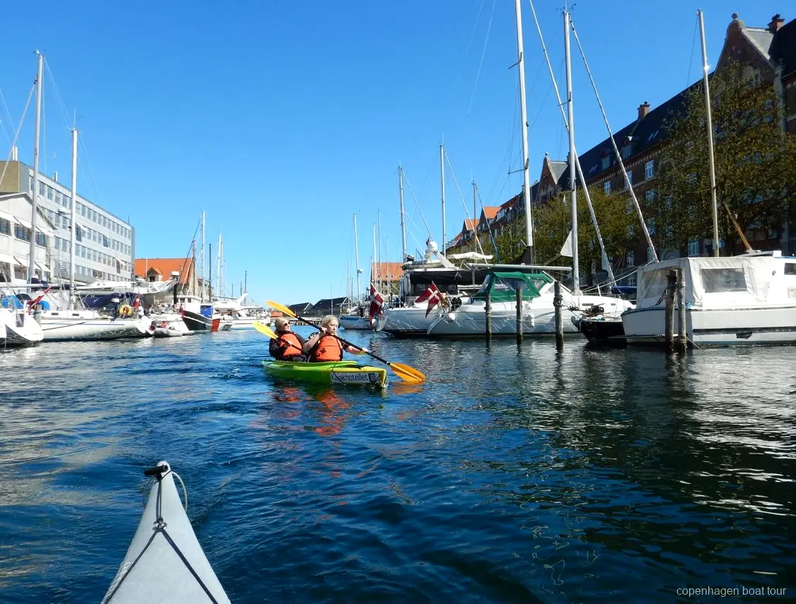 Dobbelt havkajak brugt på havnekajakturen i København nær Kalvebod Bølge