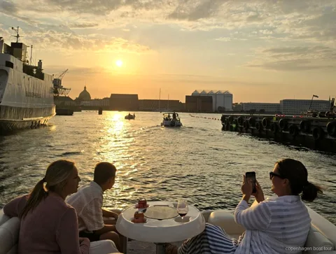 Capitão e guia privados pilotando o passeio de barco privado com guia em Copenhagen pelo porto