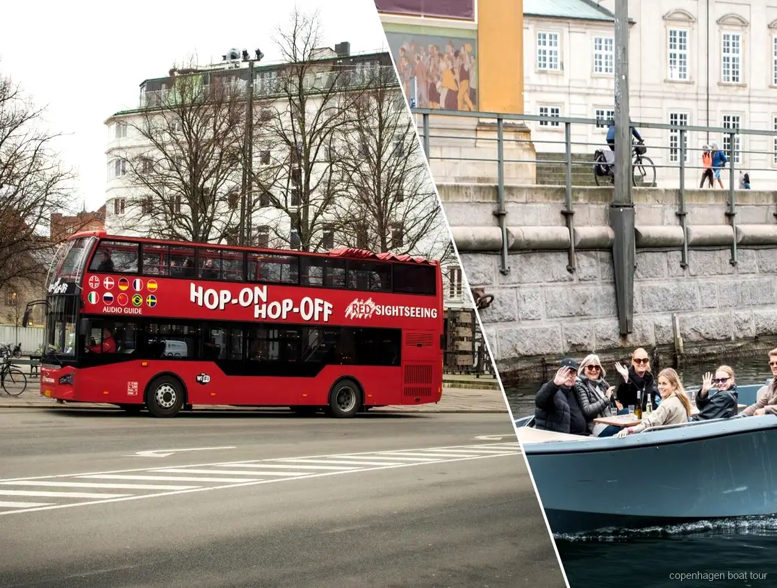 Ônibus de dois andares do passeio de ônibus e barco em Copenhagen perto de Tivoli Gardens